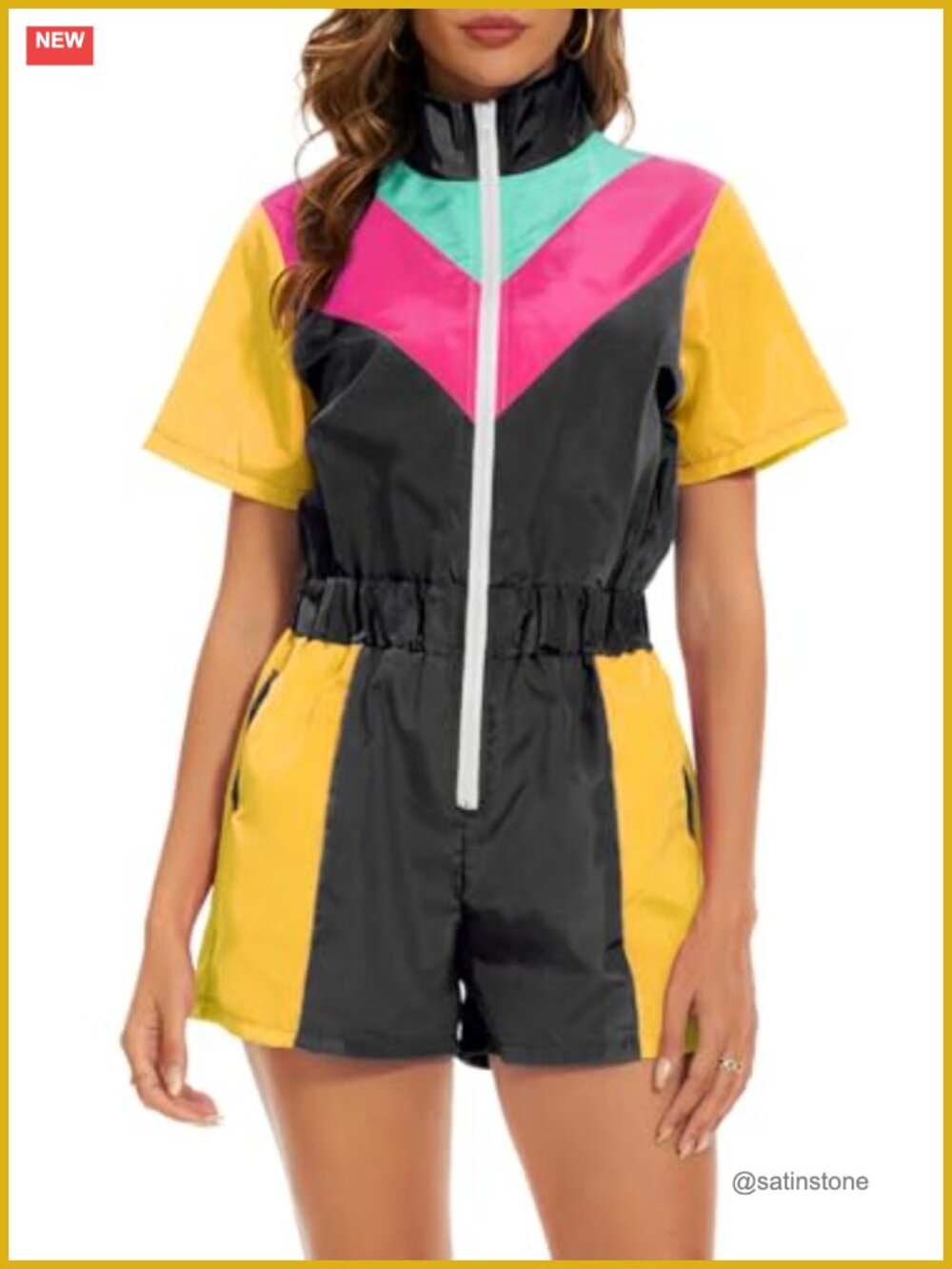 Color Block One Piece Romper Short Sleeve Zip Front Elastic Waist Jumpsuit